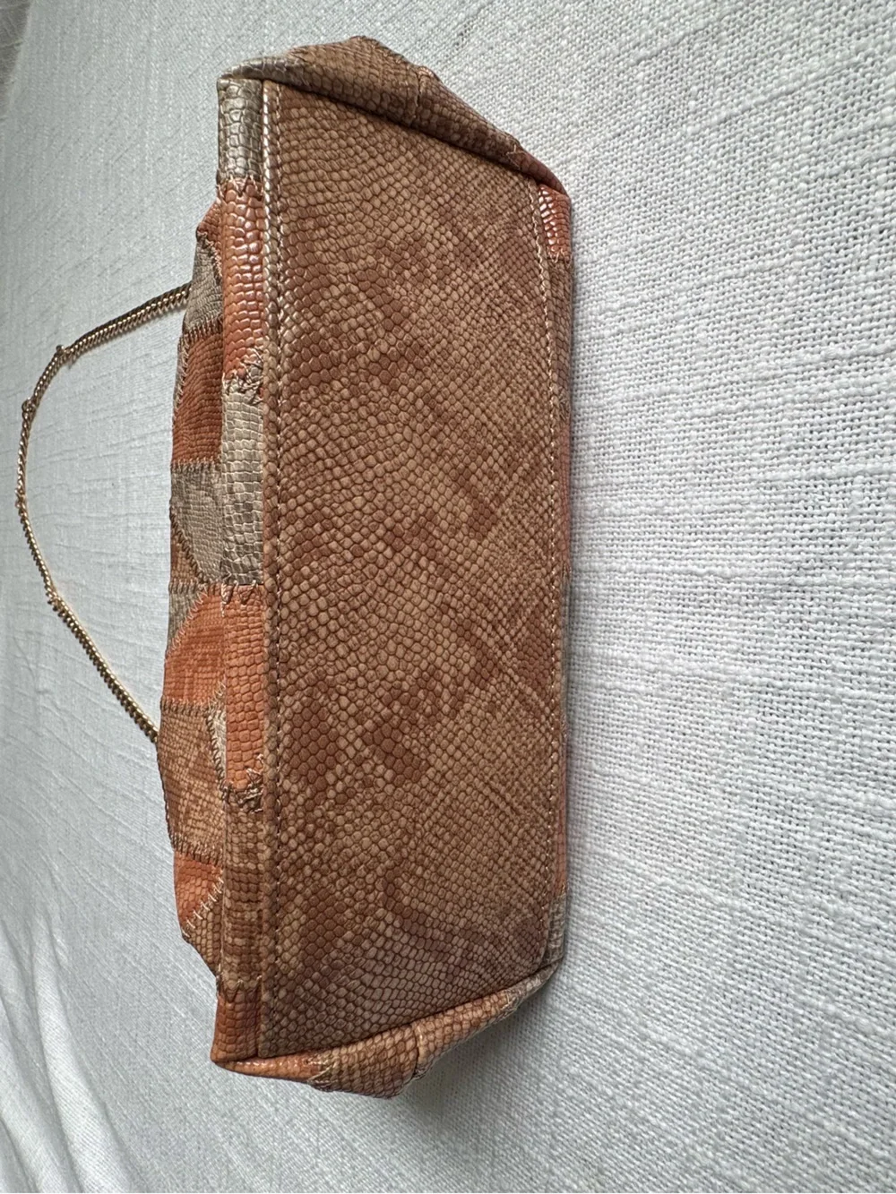 Anthropologie Woven Chevron Pouch Shoulder Bag Beige Tan Gold Chain Strap